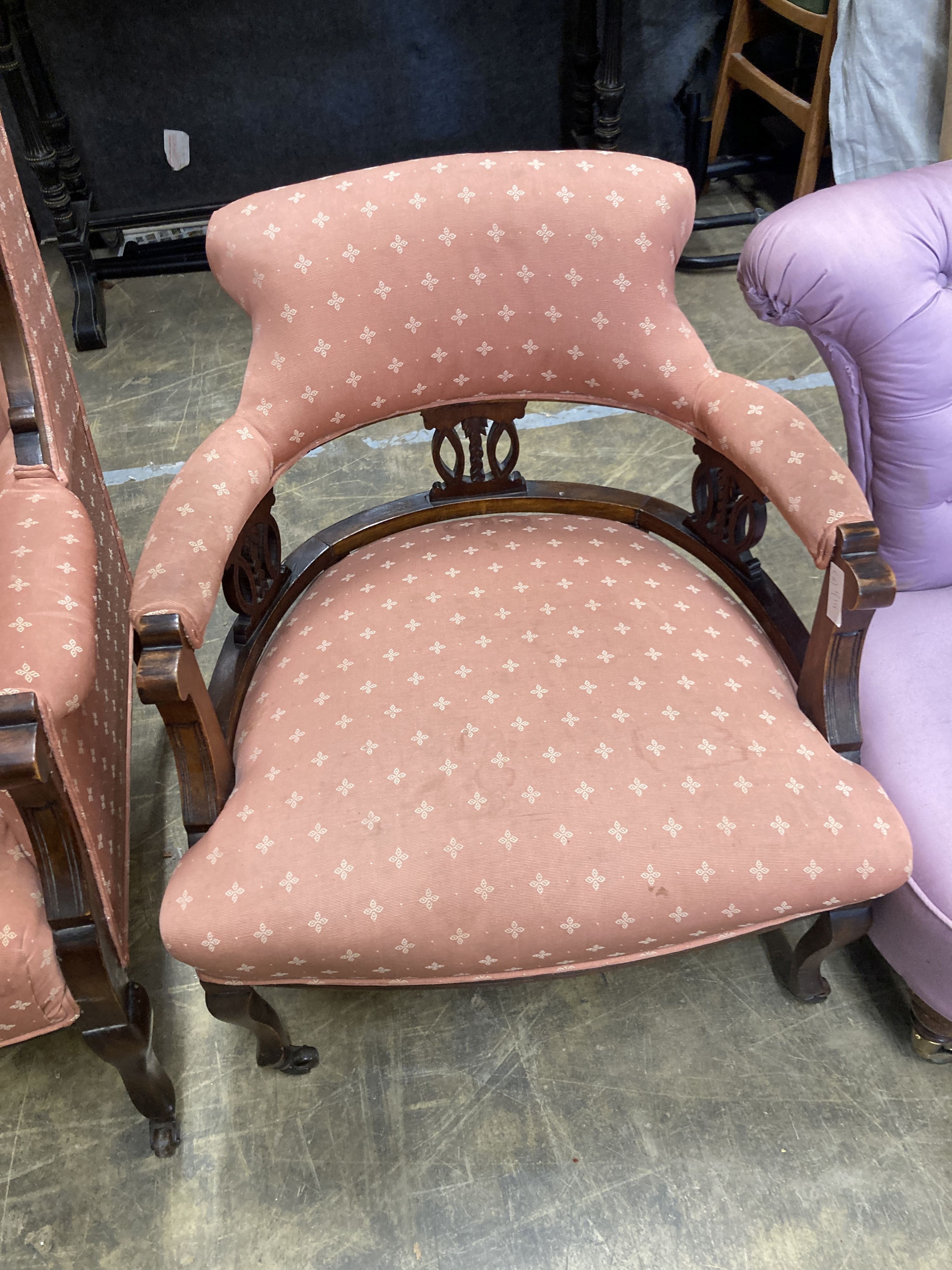 A late Victorian mahogany armchair together with a matching tub framed elbow chair - Image 5 of 6