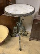 A late 19th century French marble top and brass table, 41cm diameter, height 76cm