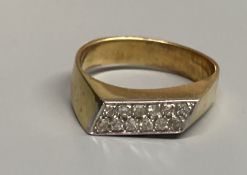 A modern 18k yellow metal and pave set two row diamond ring, size L/M, gross 4.8 grams.