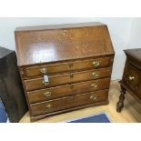 A late 18th century mahogany banded oak bureau, width 100cm, depth 50cm, height 102cm