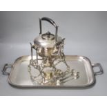 Sundry plated wares including a spirit kettle, stand and burner, together with sugar tongs and a