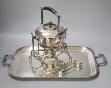 Sundry plated wares including a spirit kettle, stand and burner, together with sugar tongs and a