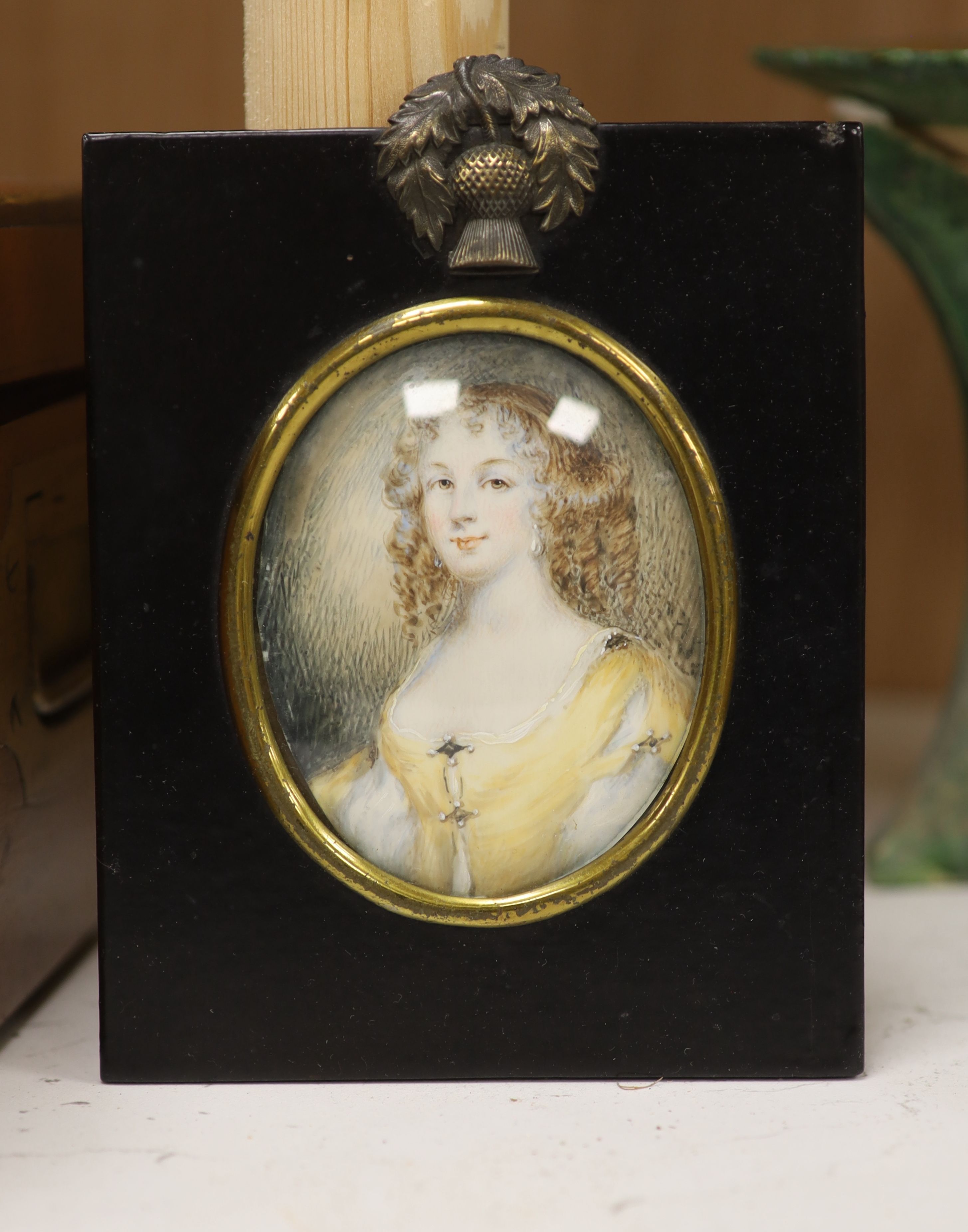 English School c.1900, watercolour on ivory, Miniature of a lady, 9 x 7cm - Image 2 of 3