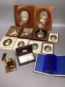 Two Victorian tortoiseshell card cases, a simulated tortoiseshell snuff box and ten framed portrait