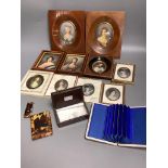 Two Victorian tortoiseshell card cases, a simulated tortoiseshell snuff box and ten framed portrait