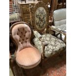 A Victorian mahogany buttonback nursing chair and a carved oak armchair