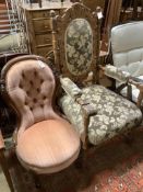 A Victorian mahogany buttonback nursing chair and a carved oak armchair