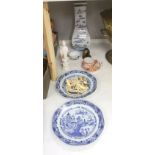 Two Chinese blue and white export dishes, a Chinese blue and white vase, etc., tallest 36cm