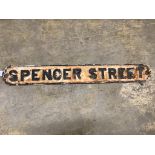 A vintage cast iron street sign for Spencer Street, 98 x 13cm