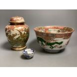 A Japanese Imari bowl and a Satsuma jar and cover and a blue and white bowl