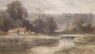 Georgina de L'Aubiniere (1848-1930), watercolour, River landscape with shepherd and flock, signed
