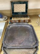 A plated tray, a salver and a cased set of fish eaters