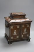 A William IV mother of pearl inset rosewood work box, height 36cm, containing mother-of-pearl and