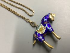 An enamelled gilt horse pendant on an unmarked yellow metal guard chain,chain 146cm, 27.2 grams.