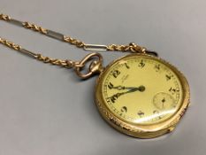 A 9ct gold open face keyless dress pocket watch, on an 18c two colour albert,pocket watch gross 51.