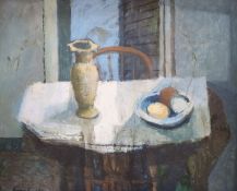 Modern British, oil on board, Table top still life with eggs and a vase, indistinctly signed and