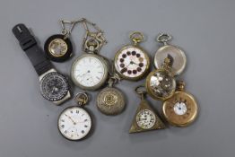 A small group of assorted pocket watches etc including a silver open face pocket watch and a globe
