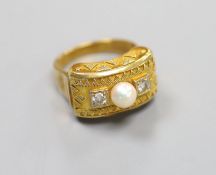 A 14ct gold, pearl and diamond-set tablet ring,size P/Q, gross 6.6 grams.