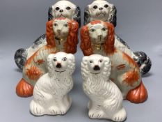 Three pairs of Staffordshire style dogs, tallest 27cm