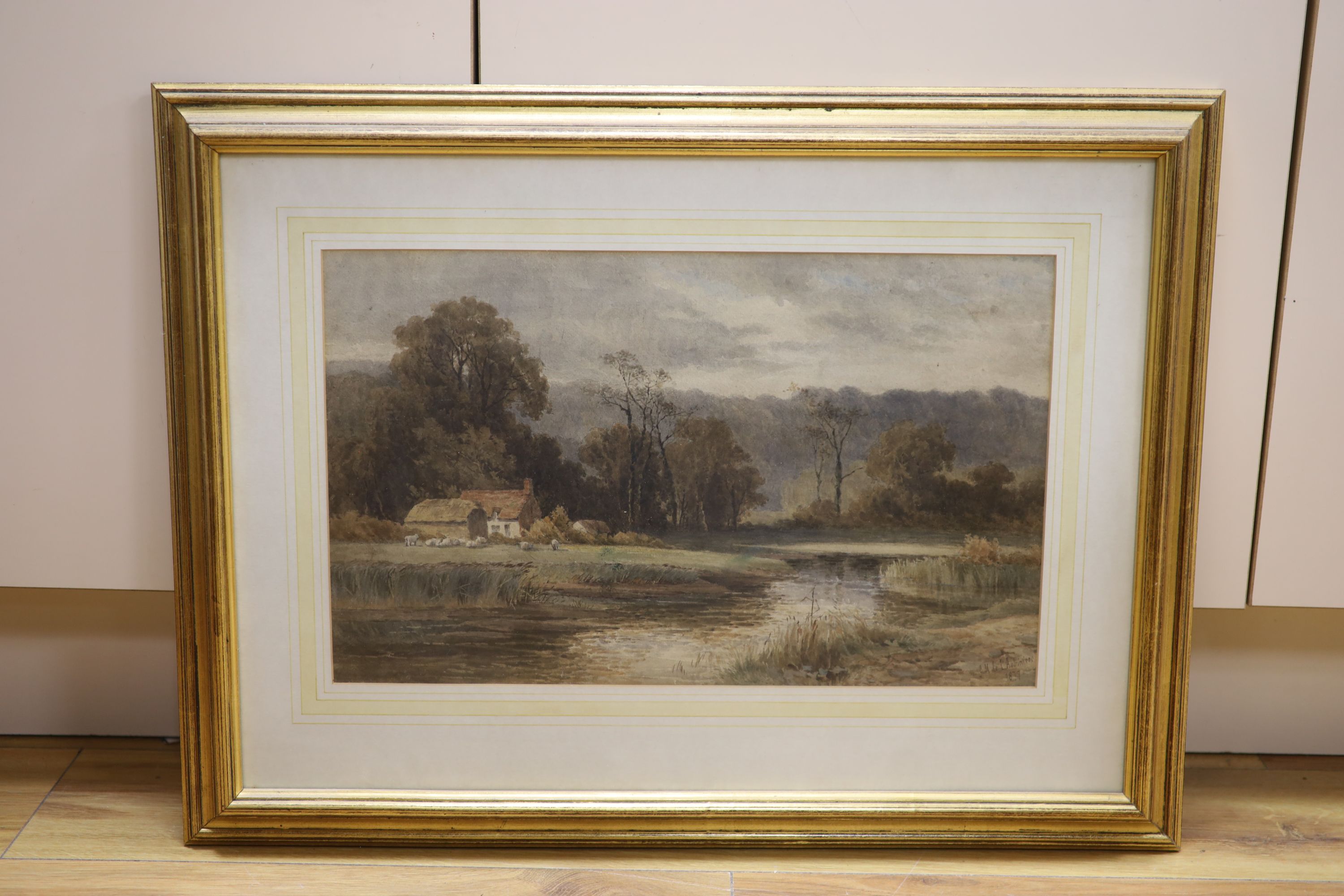 Georgina de L'Aubiniere (1848-1930), watercolour, River landscape with shepherd and flock, signed - Image 2 of 2