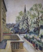 Elizabeth Goudge (1923-2020), oil on canvas, Warwick Square, an abstract verso, 55 x 45cm