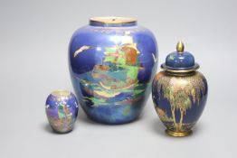 Two Crown Devon lustre ware jars together with a similar Carlton ware jar and cover, tallest 21cm