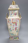 A large Chinese famille rose Canton decorated vase and cover, Daoguang period, height 53cm (a.f)