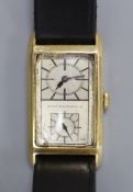 A gentleman's 1940's/1950's 18k West End Watch Co. manual wind rectangular split dial wrist watch,