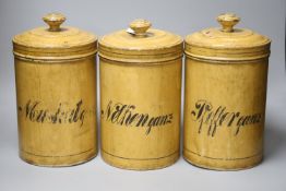 Kitchenalia - Three German painted metal storage jars, height 29cm