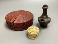 A Chinese cinnabar lacquer, a bronze vase and a carved ivory box