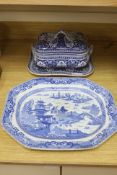 A blue and white meat dish decorated with a Chinese landscape pattern, and a Victorian blue and