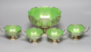 A George VI silver and green glass dessert set by Mappin & Webb (a.f.),comprising a large bowl and