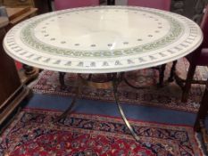 A modern circular dining table, with faux marble top on gilt metal base with splayed legs, diameter