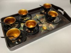 A Chinese papier mache teaset on tray
