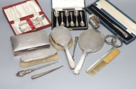 A silver cigarette case, brush set, cased spoons etc and a late Victorian miniature silver settee,