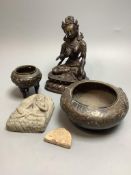 A bronze deity, height 17cm, a Chinese dragon bowl, a censer, etc.