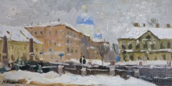 Margarita Alexandrovna Kolobova (b.1983), oil on canvas, View of St Petersburg, signed, 15 x 30cm,