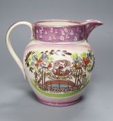 A 19th century Sunderland pink lustre jug, Masons Arms, height 18cm