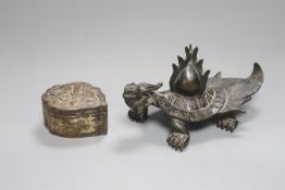 A Chinese bronze of a tortoise, length 16cm, together with a similar trinket box