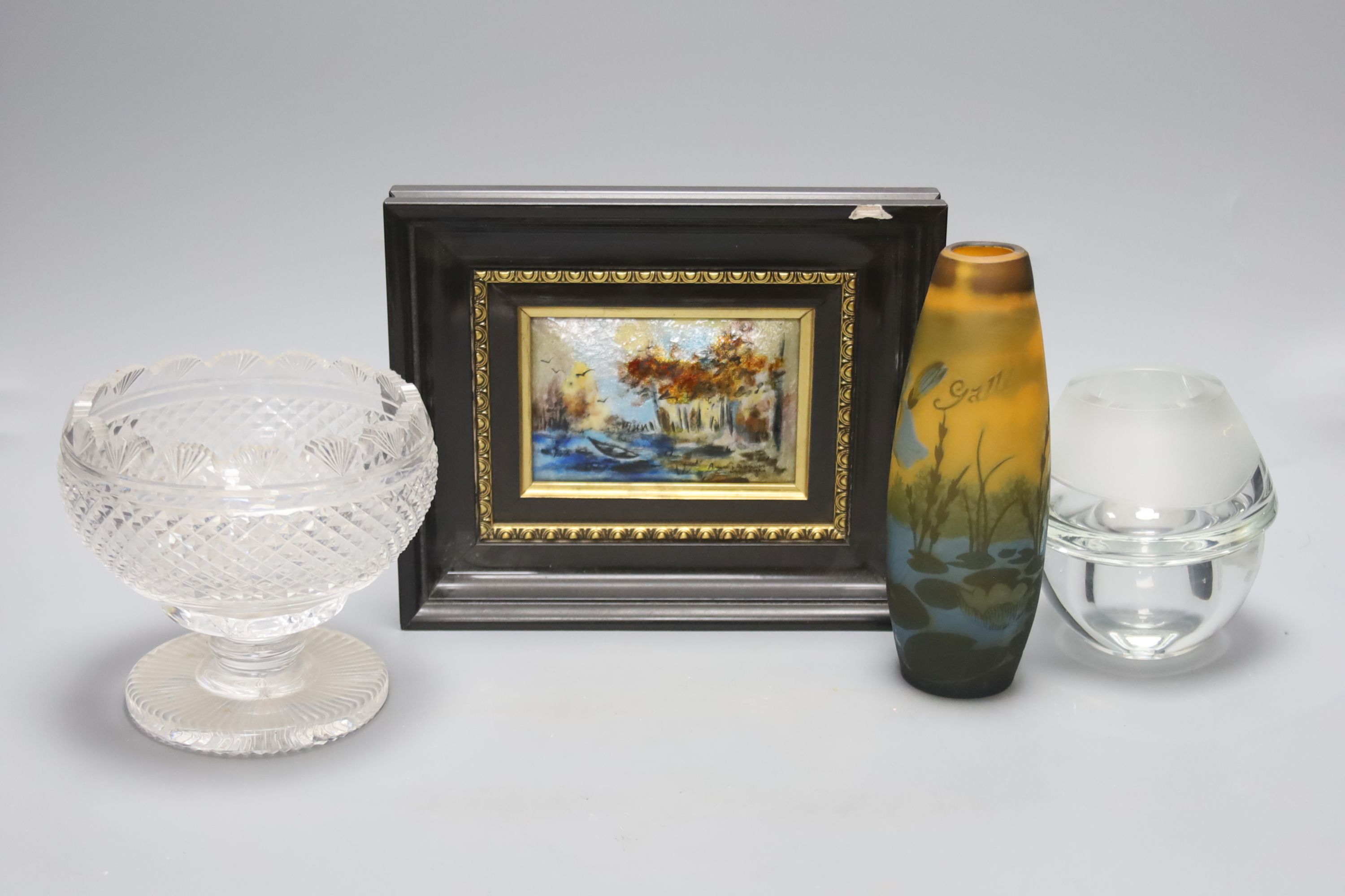 A framed Limoges enamel plaque, a Galle style cameo glass vase and two items of clear glass