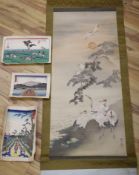 A watercolour on silk scroll painting and three unframed woodblock prints