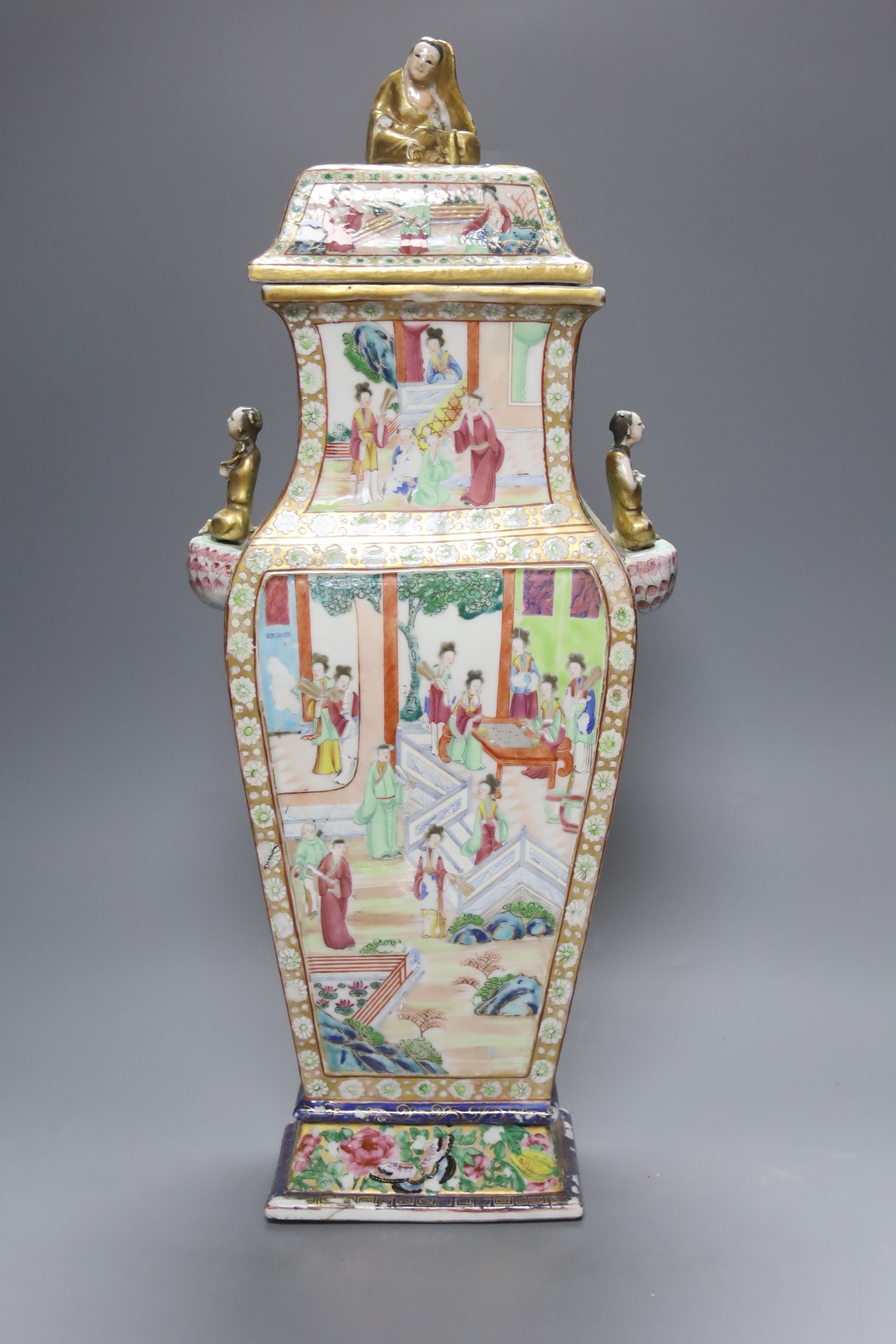 A large Chinese famille rose Canton decorated vase and cover, Daoguang period, height 53cm (a.f) - Image 3 of 5