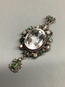 A 19th century Austro-Hungarian white metal, rock crystal, emerald and seed pearl set drop pendant,