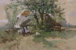 Johannes Josephus Garjeanne (1860-1930), watercolour, A Dutch homestead with sheep, signed, 33 x
