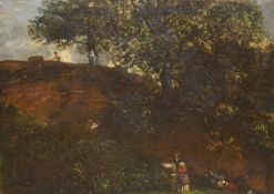 Victorian School, oil on canvas, Figures picking fruit in a landscape, indistinct label verso, 48 x