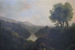 19th century English School, oil on canvas, Travellers in a river landscape, 73 x 107cm