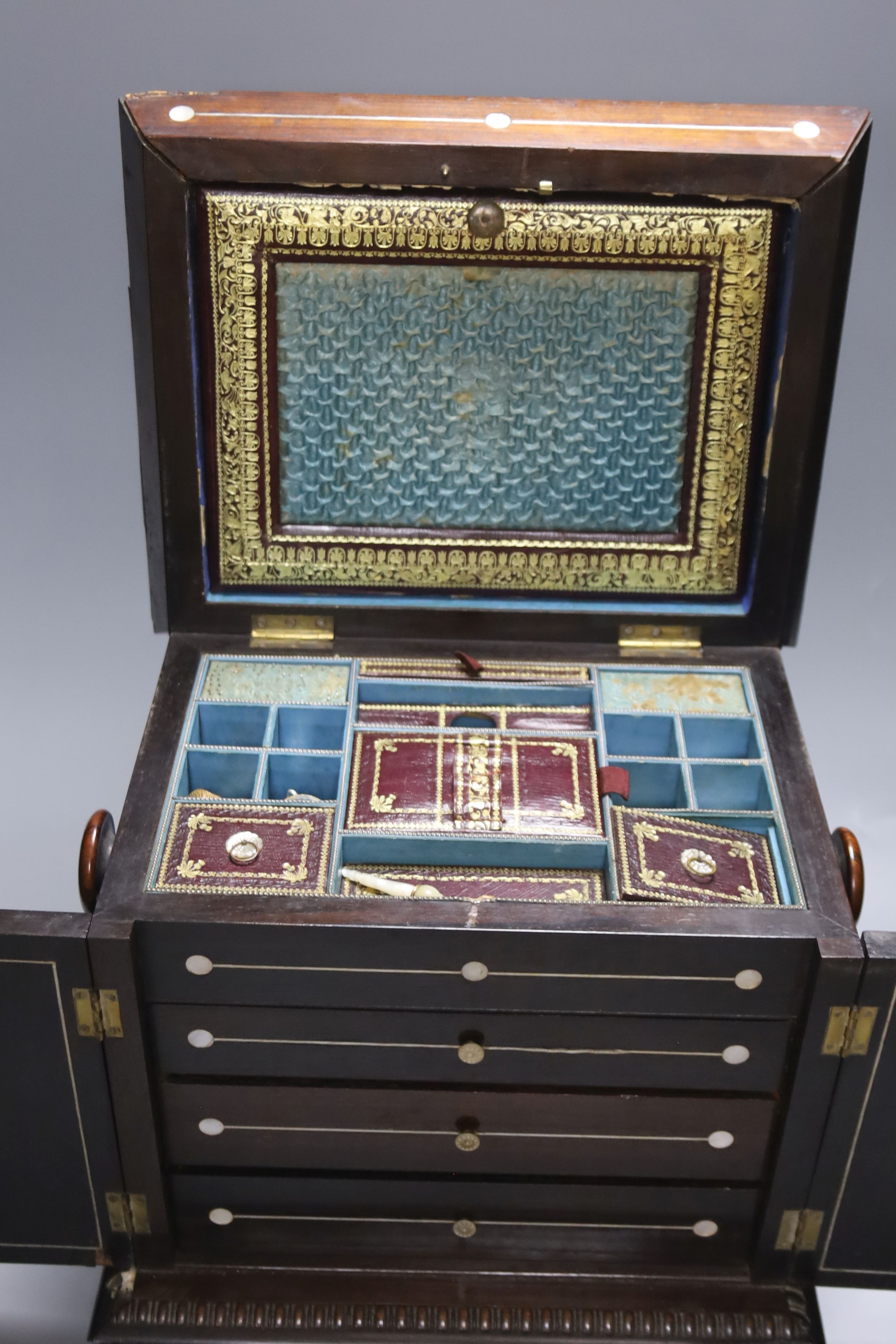 A William IV mother of pearl inset rosewood work box, height 36cm, containing mother-of-pearl and - Image 4 of 5