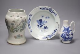 A 19th century Chinese blue and white bowl, together with a blue and white jug and a famille verte