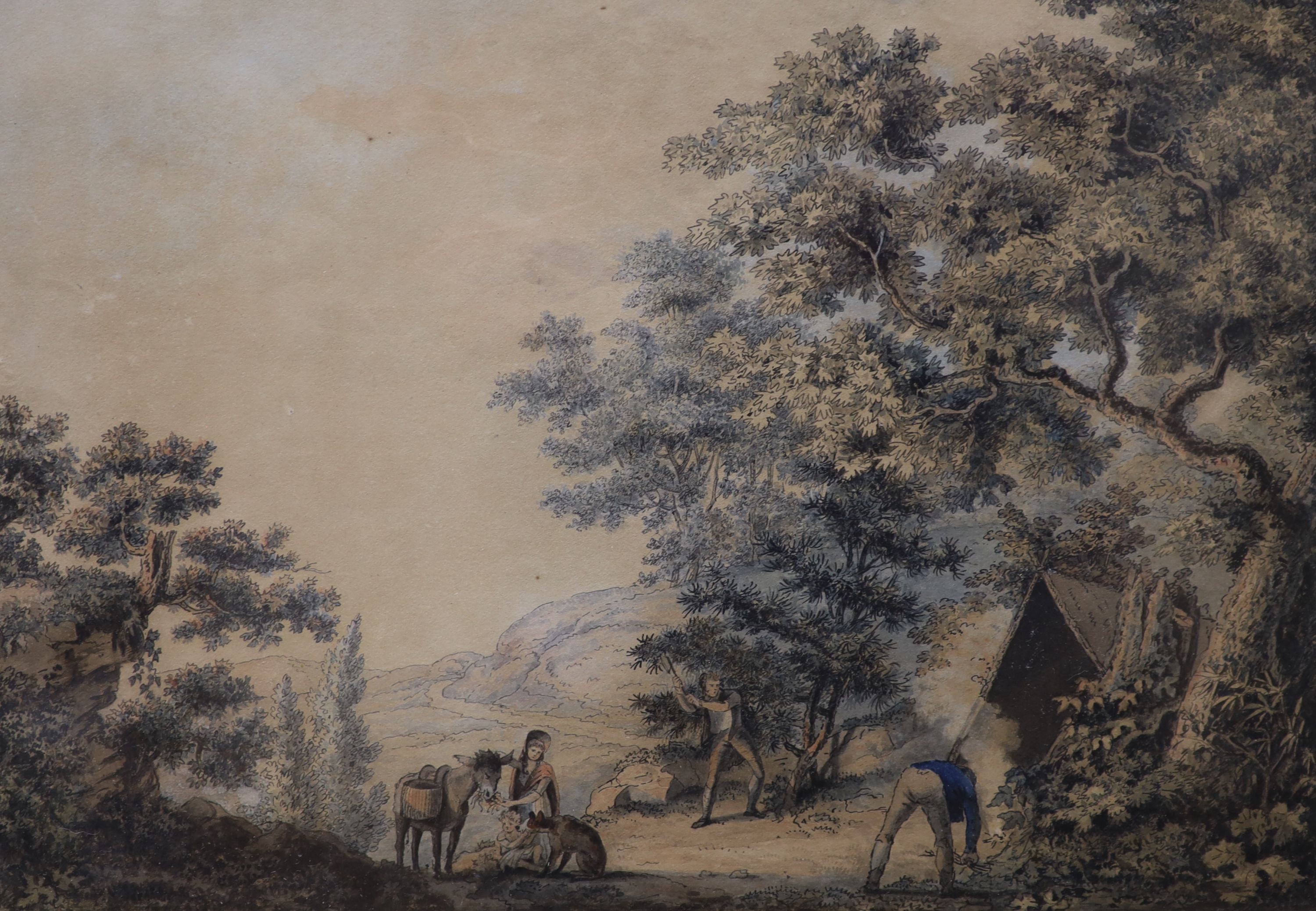 Samuel Hieronymus Grimm (1733-1794), pen, ink and watercolour, 'Making Camp', Abbott & Holder label