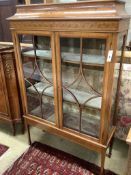 An Edwardian marquetry inlaid mahogany display cabinet, width 97cm depth 34cm height 1252cm